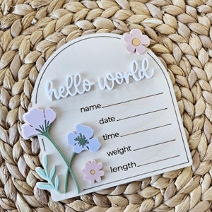 Faire-part de naissance de fleurs sauvages Hello World | Nom du bébé nouveau-né | plaque de faire-part de naissance | Signe de l'arrivée de bébé à l'hôpital
