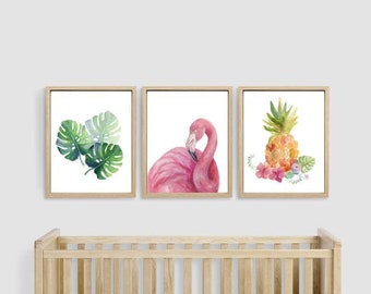 Tropical Beach Print Set | Flamingo, Pineapple and Monstera Nursery Prints