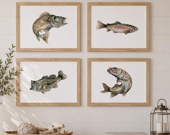 Watercolour Fish Prints | Bass, Trout, Muskie, Walleye Artwork | Gift for Anglers | Freshwater Print Decor