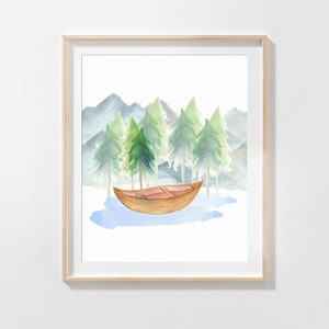 May include: Watercolor painting of a wooden boat floating on a blue lake, with green trees and mountains in the background. The artwork is framed in a light wood frame, creating a serene and natural scene.