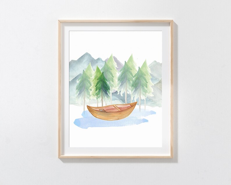 May include: Watercolor painting of a wooden boat floating on a blue lake, with green trees and mountains in the background. The artwork is framed in a light wood frame, creating a serene and natural scene.
