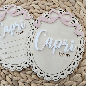 Disque de naissance pour nouveau-né sur le thème de l'arc | Faire-part de naissance noeud papillon | Accessoire photo bébé | Nom de bébé nouveau-né | Disque de statistiques sur les naissances