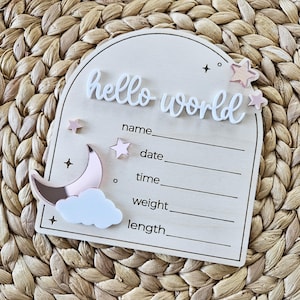 Bonjour le monde panneau d'annonce de naissance | Nom du bébé nouveau-né | plaque de faire-part de naissance | Signe de l'arrivée de bébé à l'hôpital