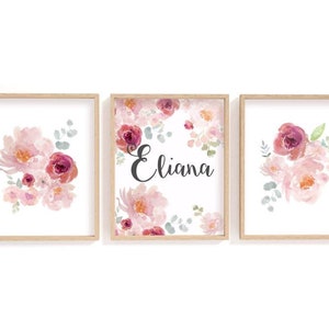 Láminas personalizadas de acuarela con motivos florales para habitaciones infantiles / Arte con nombres de flores
