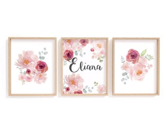 Personalized Watercolor Floral Nursery Prints | Flower Name Art