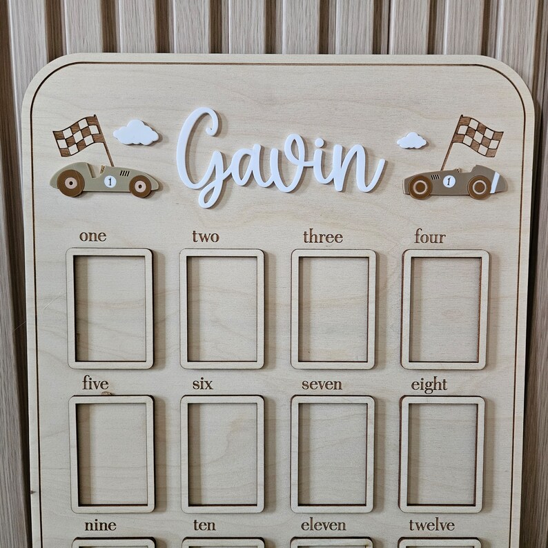 以下が含まれることがあります： 白い筆記体で「Gavin」という名前が入った木製の壁の装飾。ボードには、12個の長方形のフレーム、レーシングカー、雲、数字があります。レーシングカーには、市松模様の旗と数字の「1」が付いています。