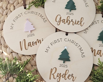 Personalized Baby's First Christmas Ornament: Baltic Birch, Custom Name & Year