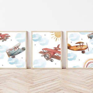 Watercolour Vintage Airplanes and Clouds Print Set Set of Three Vintage Planes for Nursery or Playroom image 1