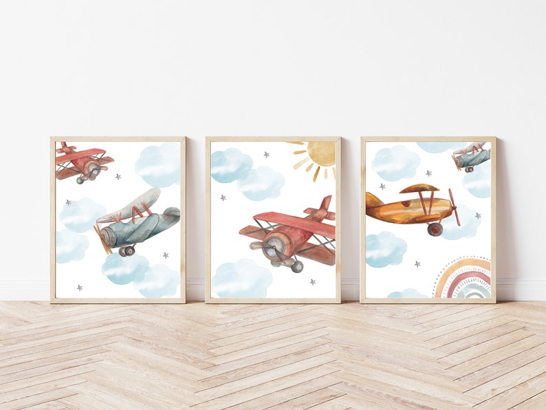 Watercolour Vintage Airplanes and Clouds Print Set Set of Three Vintage Planes for Nursery or Playroom image 1