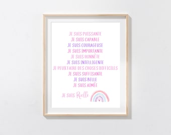 Personalized French Positive Affirmations Print, affirmations wall art for kids, Encouraging Prints