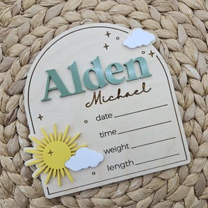 May include: An arched wooden birth announcement sign featuring the name Alden in raised sage green letters and Michael in brown script. It includes a yellow sun, white clouds, and engraved lines for date, time, weight, and length details.