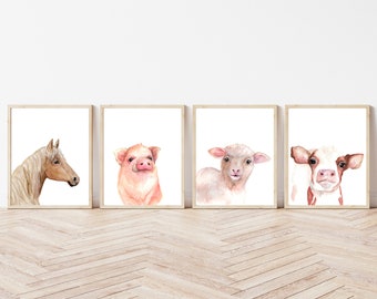 Watercolor Farm Animal Print Set | Horse, Pig, Cow, Lamb