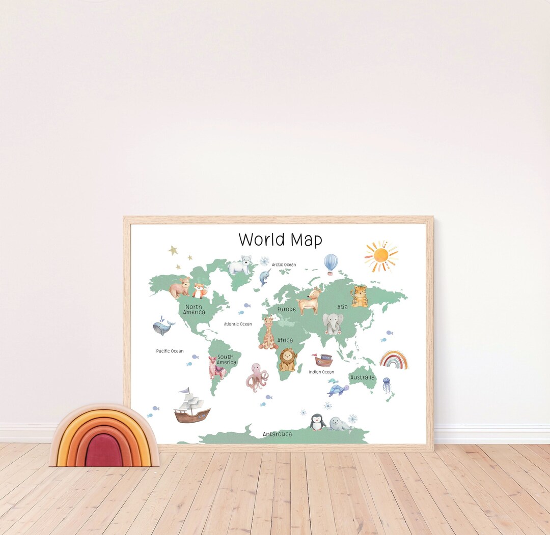 Watercolor Animal World Map Print | Nursery Decor - Etsy Australia