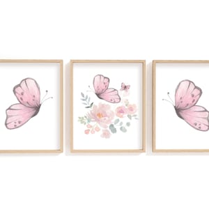 Butterfly Nursery Wall Art | Watercolour Butterfly Paintings | Soft Pink Flowers and Butterflies | Nursery or Bedroom Art