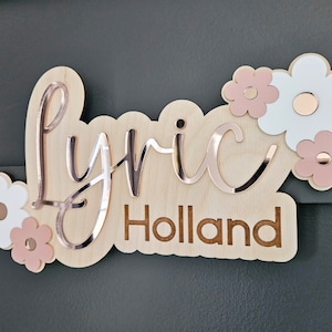 Floral Name Sign for Bedroom Door or Wall | Rose Gold Daisy Name Plaque