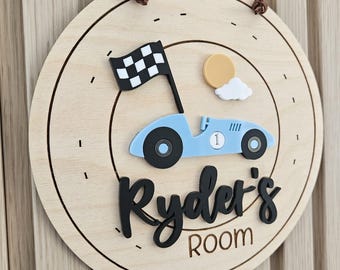 Kids Race Car Name Sign | Child's Bedroom Door Sign | Name Plaque for Door | Car Bedroom Sign |  Bedroom Name Sign | Transportation Nursery