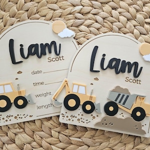 Digger Construction Baby Name Sign | Newborn Birth Announcement Name Plaque | Arch Baby Arrival Hospital Sign | Newborn Footprint Plaque