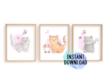 Set di stampe di gatti e gattini stampabili/Illustrazioni di gatti/Stampe per sala giochi, cameretta dei bambini, cameretta dei bambini