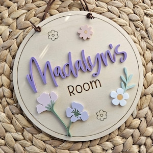 Plaque nominative Fleur sauvage | Enseigne florale pour porte de chambre à coucher | Prénom enfant | Plaque nominative pour porte | Plaque nominative en bois naturel | Plaque pour chambre d'enfants