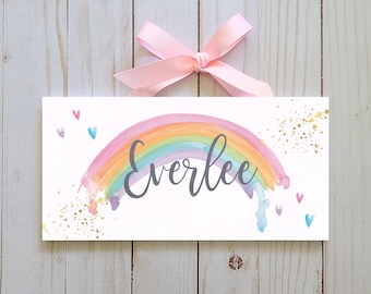 Personalized Rainbow Name Sign | Watercolour Child&#39;s Bedroom Door Sign