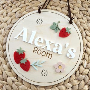 Strawberry Name Sign | Girls Bedroom Door Sign | Children&#39;s Name Sign | Name Plaque for Door | Natural Wood Name Sign | Kids Room Sign