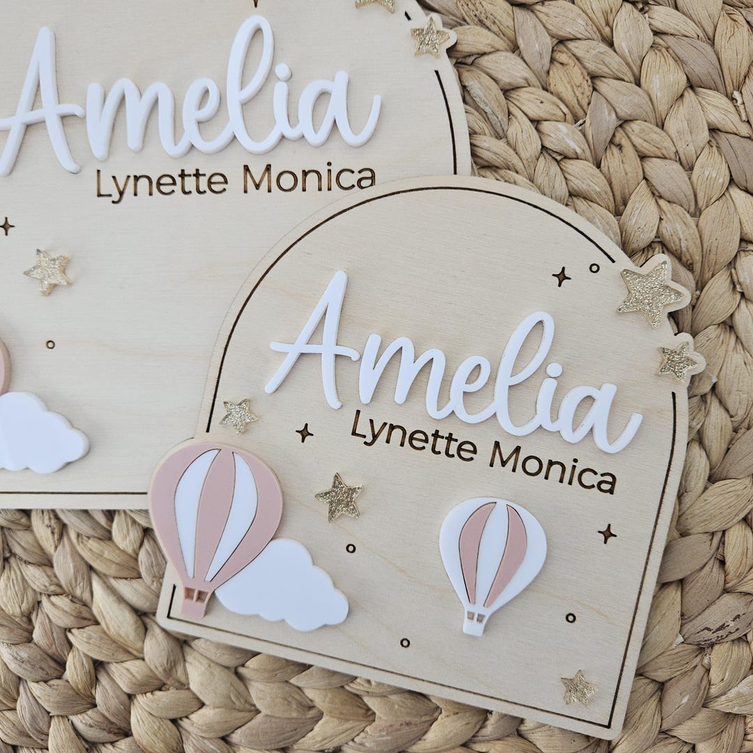 Hot Air Balloon Baby Name Sign | Baltic Birch Arrival Plaque - Etsy