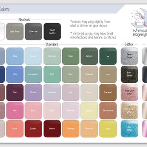 May include: An acrylic color chart featuring a grid of square swatches labeled with names like White, Navy, Sage, and Silver Glitter. The header reads Acrylic Colors and Whimsical Imaginings with a unicorn graphic. Text notes color and finish variations.