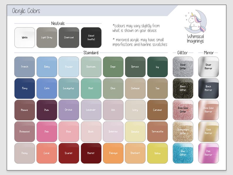 May include: An acrylic color chart featuring a grid of square swatches labeled with names like White, Navy, Sage, and Silver Glitter. The header reads Acrylic Colors and Whimsical Imaginings with a unicorn graphic. Text notes color and finish variations.