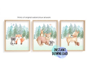 Watercolor Forest Animals Prints | Woodland Nursery Decor (Digital Download)