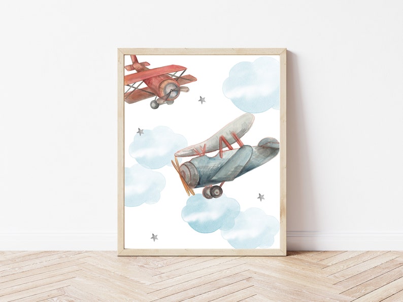 Watercolour Vintage Airplanes and Clouds Print Set Set of Three Vintage Planes for Nursery or Playroom image 4