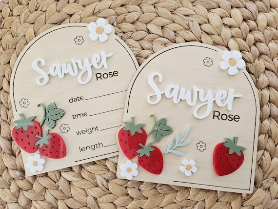 Strawberry Baby Name Sign | Newborn Birth Announcement Name Plaque | Arch Baby Arrival Hospital Sign | Newborn Footprint Plaque