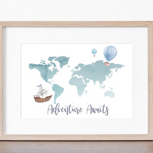 Watercolour Adventure Print | Adventure Awaits | World Map and airplane