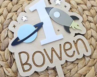 Personalized Space Cake Topper | Rocket, Planet Birthday Decor