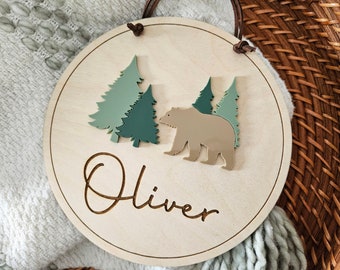 Porte de chambre à coucher ours et pins | Prénom enfant | Plaque nominative pour porte | Panneau indiquant le nom de la forêt