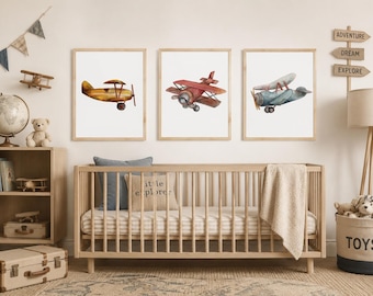 Watercolour Airplane Nursery Print Set | Vintage Plane Nursery Decor