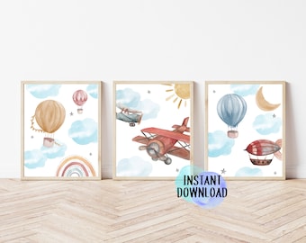 Vintage Aviation Nursery Art Prints | Watercolor Plane & Hot Air Balloon (Digital Download)