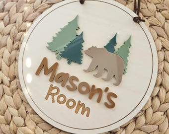 Bear and Pine Trees Bedroom Door Name Sign | Children's Name Sign | Name Plaque for Door | Forest Name Sign | Personalized gift for Child