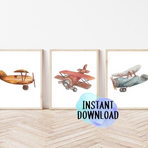 Download digital de impressões de berçário de avião vintage | Arte plana para impressão | Impressões para berçário e sala de jogos