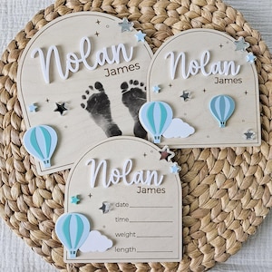 Newborn Baby Name Sign | Hot Air Balloon Newborn Birth Announcement Name Plaque | Arch Baby Arrival Hospital Sign | Newborn Footprint Plaque