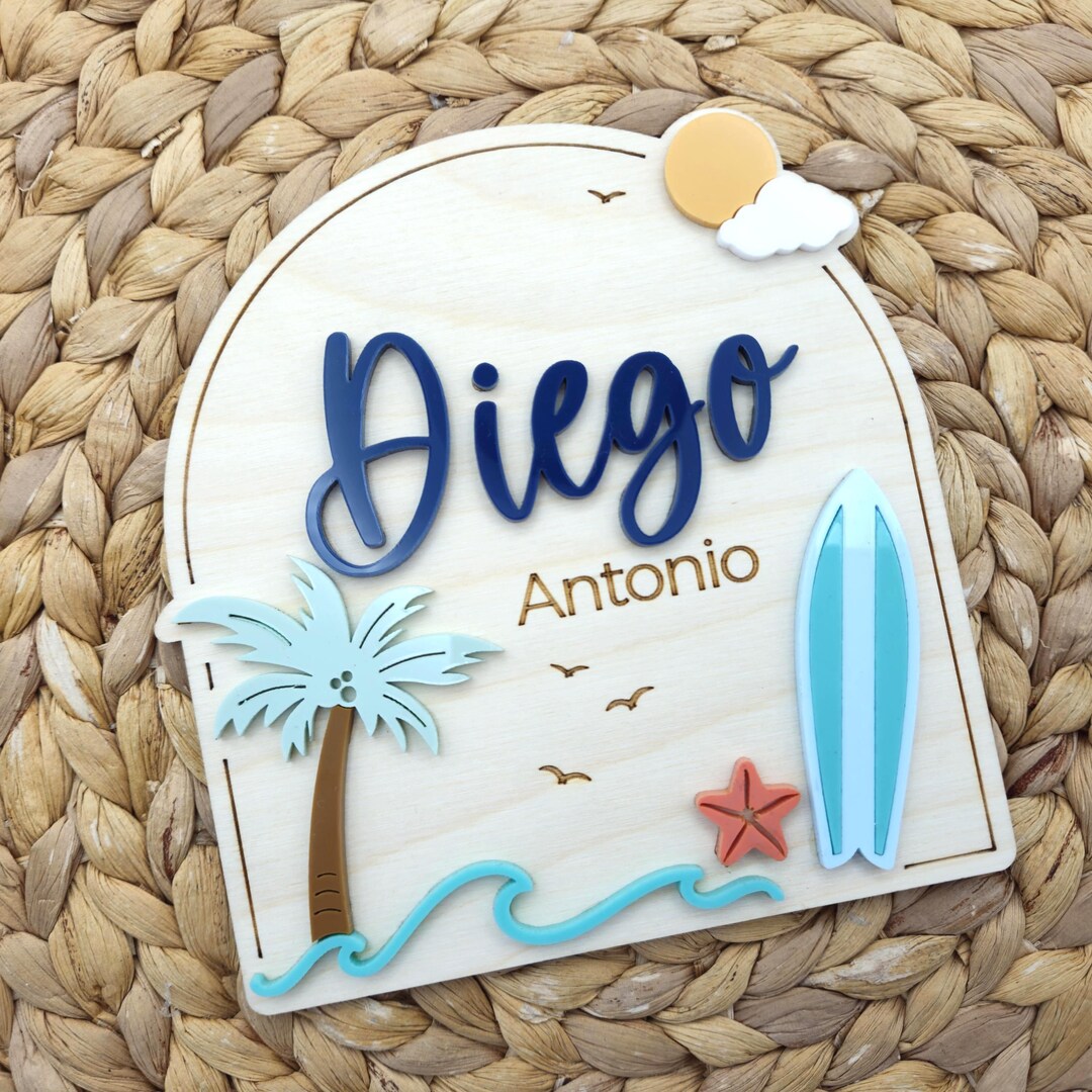Beach Baby Name Sign | Tropical Surf Newborn Birth Announcement Name ...