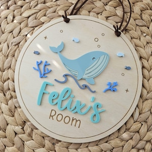 Wal Namensschild | Maritimes Schlafzimmer-Türschild | Namensschild für Kinder | Namensschild für Tür | Naturholz Namensschild