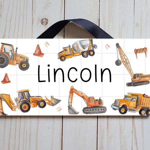 Construction Trucks Name Sign | Child's Bedroom Door Sign