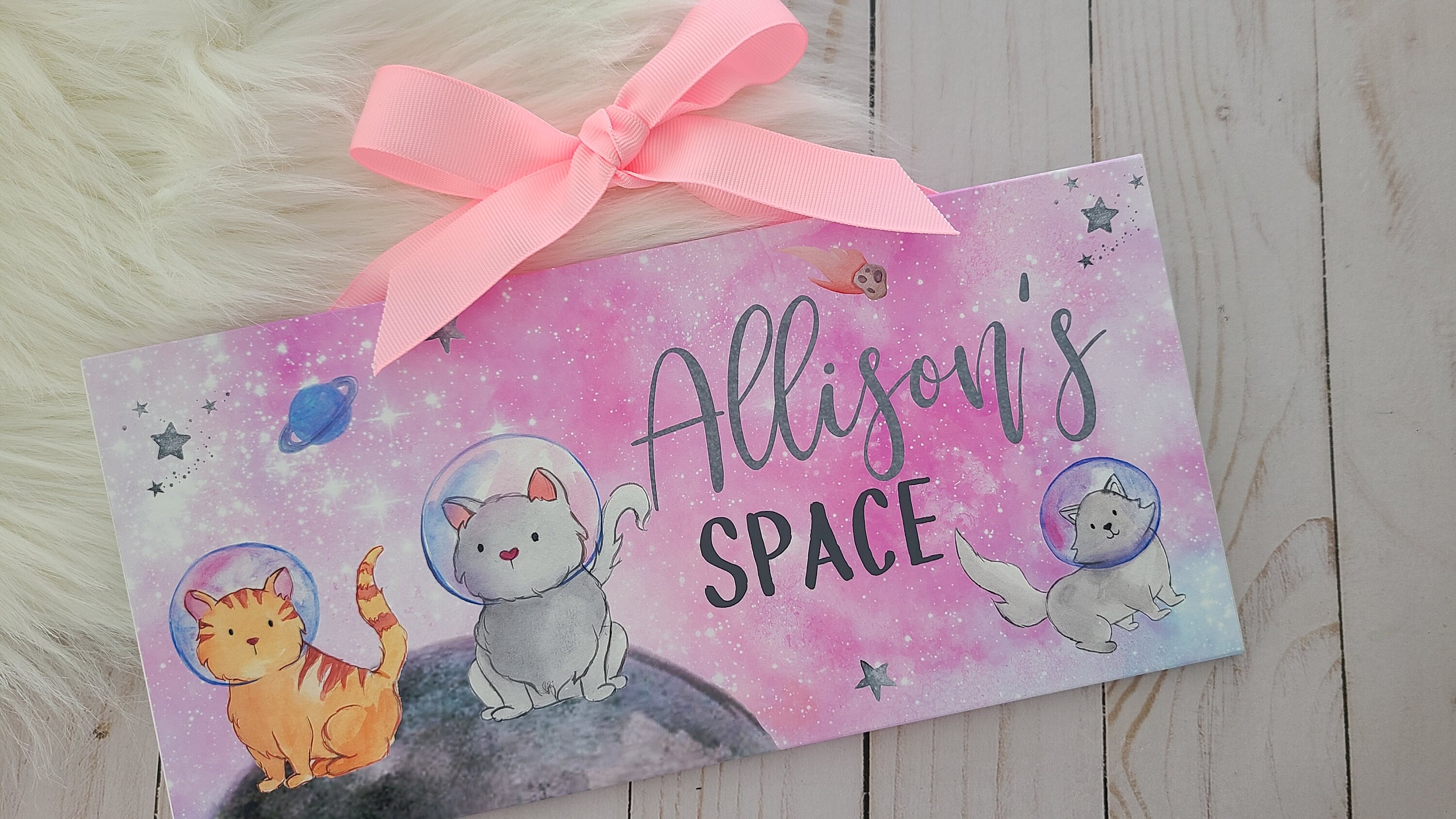 Personalized Space Cats Door Sign | Pink Galaxy Nursery Decor - Etsy