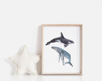 Watercolour Whale Print/ Orca and Humpback
