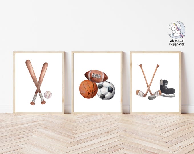 Watercolor Sports Print Set | Baseball, Hockey, Football Art | Sports Nursery Decor