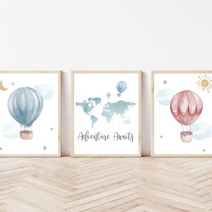 Ensemble imprimé montgolfière et carte du monde | Impressions de pépinière d'aventure