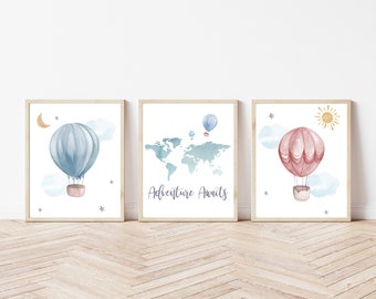 Hot Air Balloon and World Map Print Set | Adventure Nursery Prints