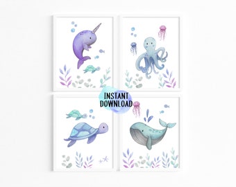 Ocean Animals Printables | Watercolour Ocean Animals Print | Nursery Print Sets
