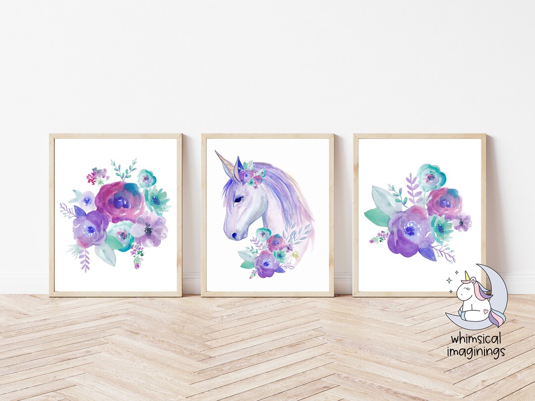 Purple Unicorn Print Set | Unicorn and Flowers Print Set | Purple and ...
