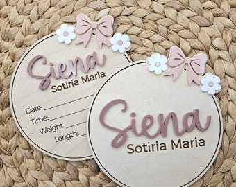 Personalized Bow Themed Newborn Birth Disc | Bow Birth Announcement Name Sign | Hospital Sign with Birth Stats | Baby Photo Prop